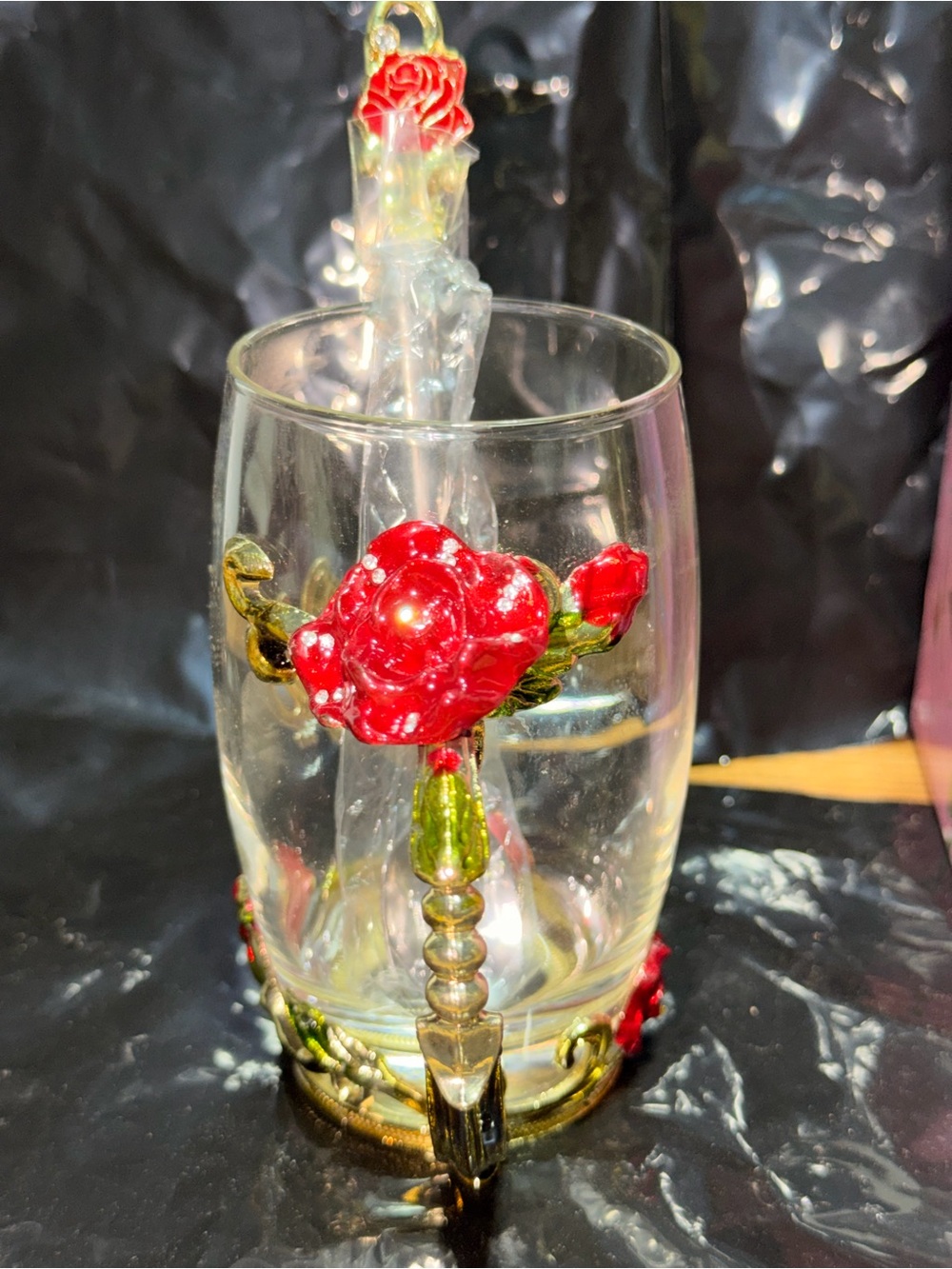 Decorative Rose Glass Mug w/ Spoon Gold Tone Handle Red Enamel Floral Tea Cup